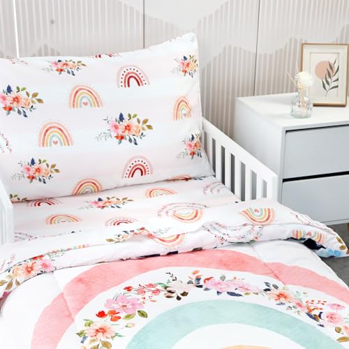 Pea Pod Toddler Bedding Sets for Girls, Rainbow Toddler Crib Bedding Set 4 Piece Pink Floral Toddler Comforter Set Includes Flat Top Sheet, Fitted Sheet, Comforter, Envelope Pillowcase, Soft & Comfort - Image 4
