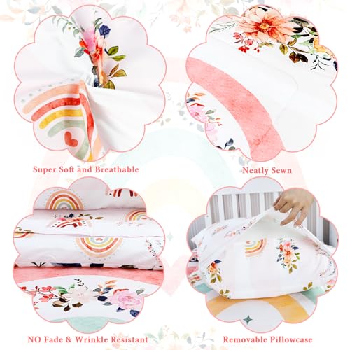 Pea Pod Toddler Bedding Sets for Girls, Rainbow Toddler Crib Bedding Set 4 Piece Pink Floral Toddler Comforter Set Includes Flat Top Sheet, Fitted Sheet, Comforter, Envelope Pillowcase, Soft & Comfort - Image 3