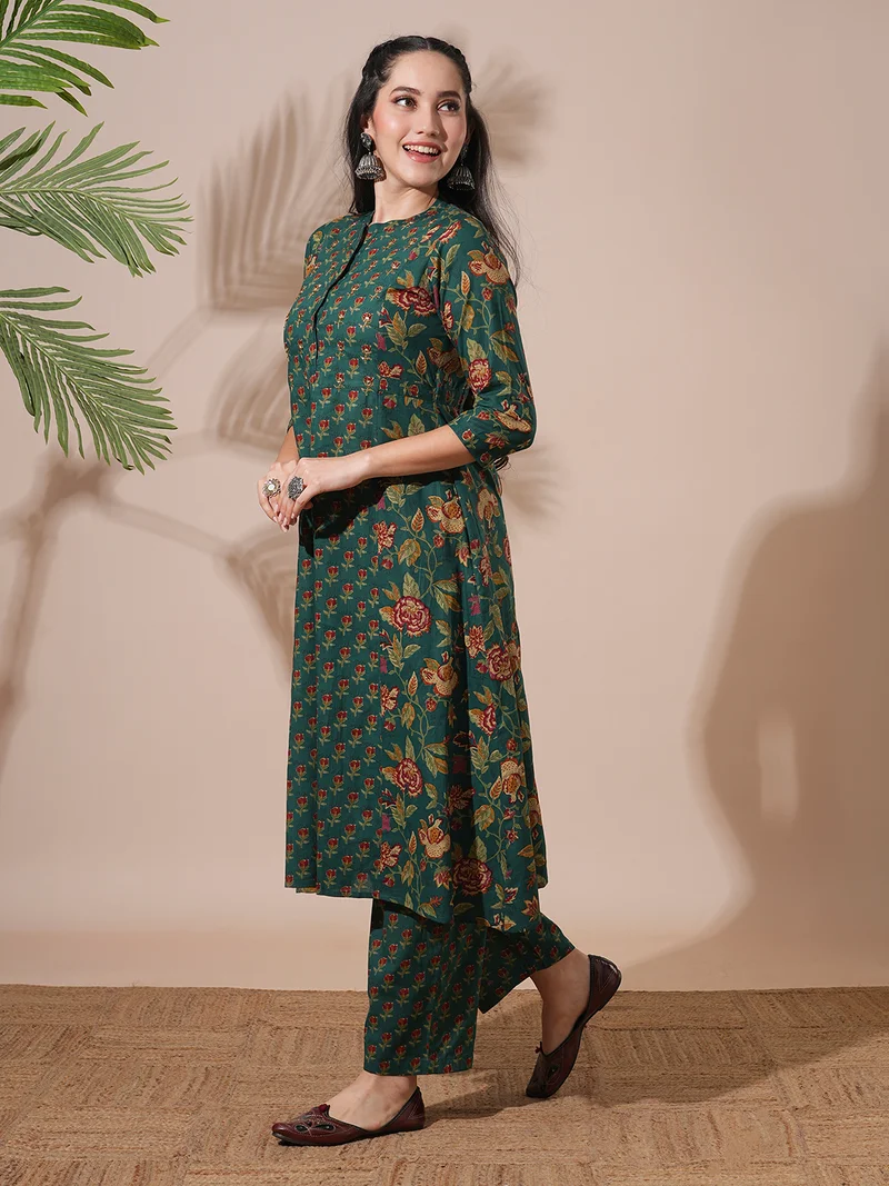 globus Women Floral Print Mandarin Neck Panelled A-Line Kurta With Pants Workwear Sets
