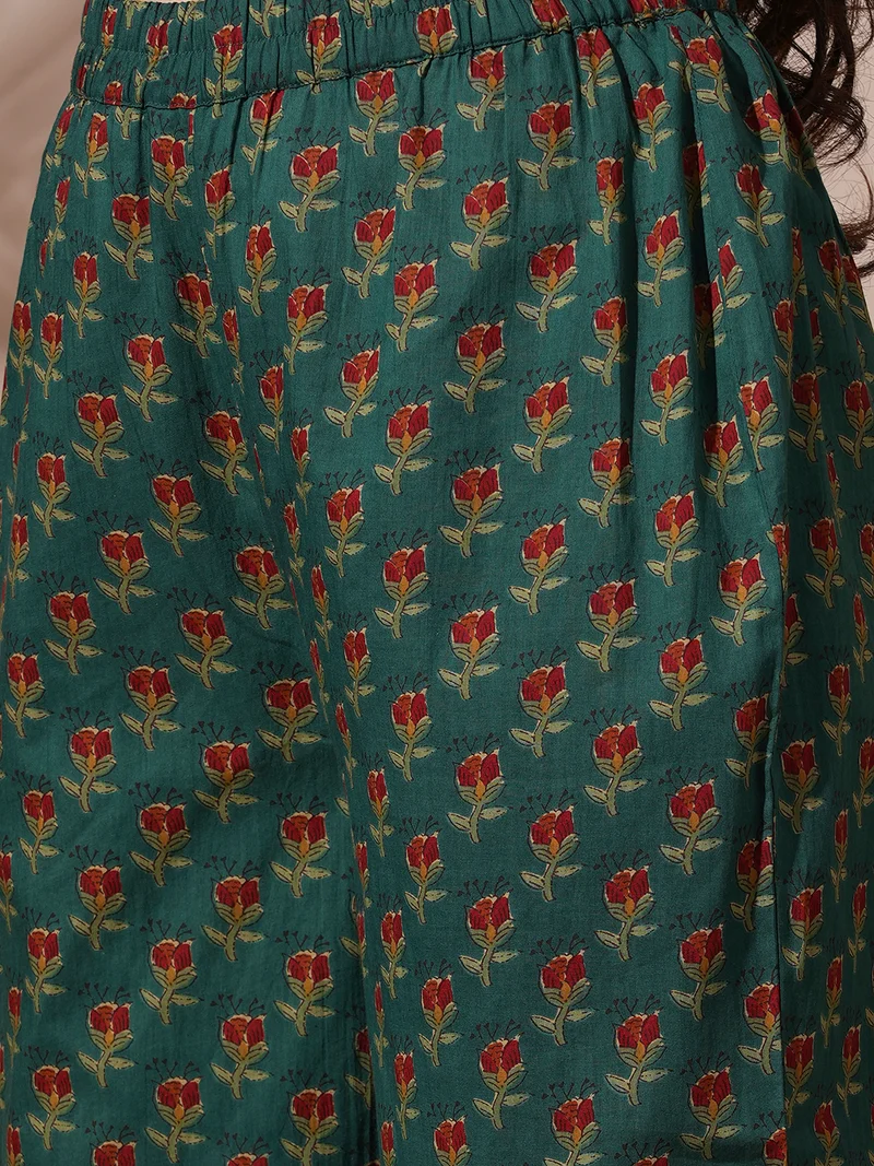 globus Women Floral Print Mandarin Neck Panelled A-Line Kurta With Pants Workwear Sets