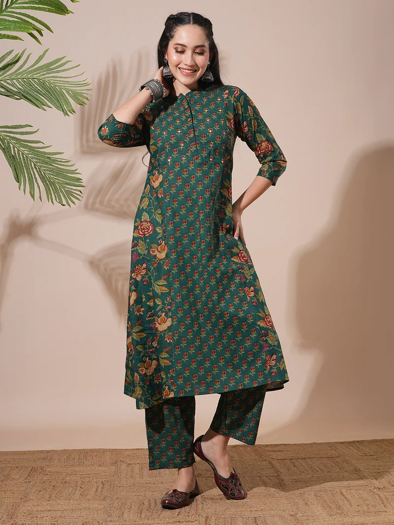 globus Women Floral Print Mandarin Neck Panelled A-Line Kurta With Pants Workwear Sets