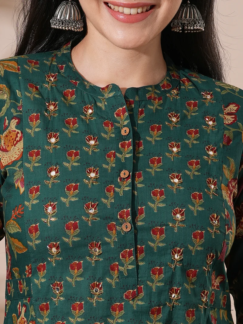 globus Women Floral Print Mandarin Neck Panelled A-Line Kurta With Pants Workwear Sets