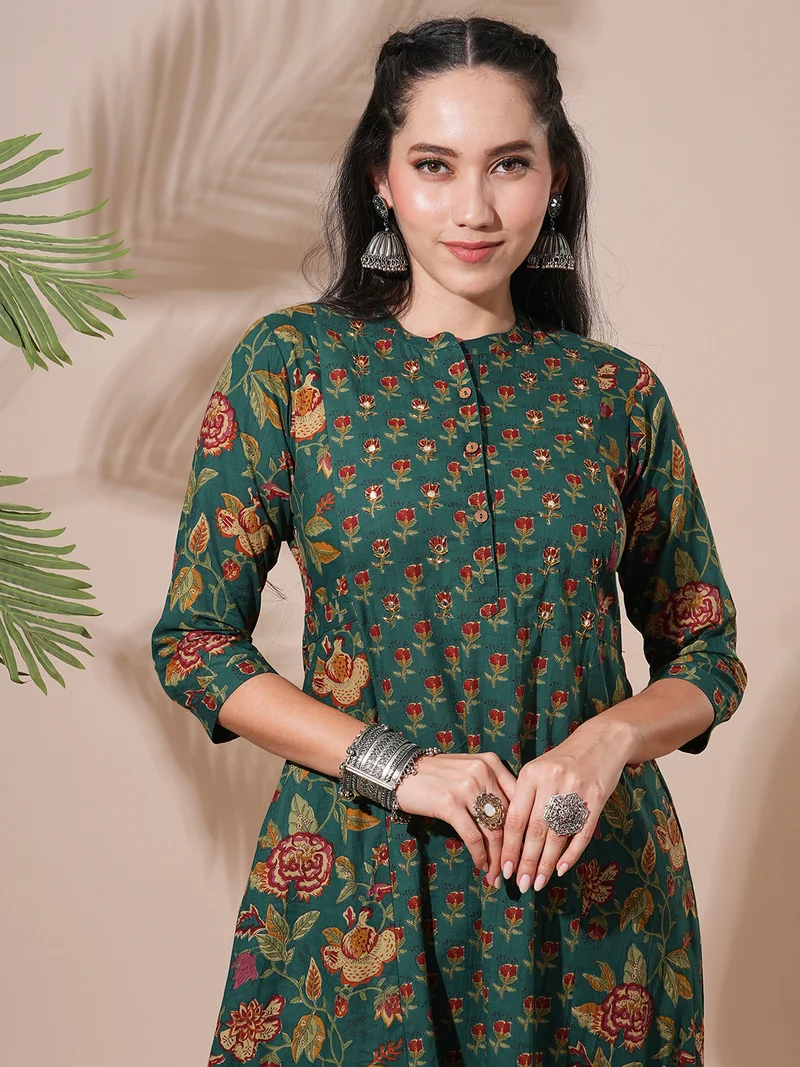 globus Women Floral Print Mandarin Neck Panelled A-Line Kurta With Pants Workwear Sets