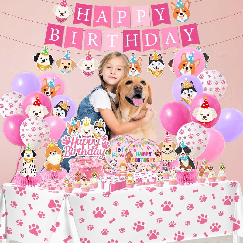Dydamud Dog Birthday Party Decorations Include Lets Pawty Plates Napkins Pink Puppy Tablecloth Banner Balloons Cupcake Toppers Tableware Set for Girls Puppy Birthday, Dog Party Decorations Serves 24 - Image 3