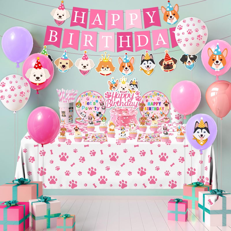 Dydamud Dog Birthday Party Decorations Include Lets Pawty Plates Napkins Pink Puppy Tablecloth Banner Balloons Cupcake Toppers Tableware Set for Girls Puppy Birthday, Dog Party Decorations Serves 24 - Image 4