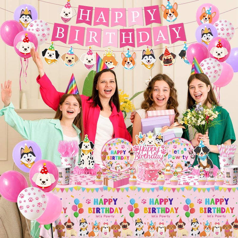 Dydamud Dog Birthday Party Decorations Include Lets Pawty Plates Napkins Pink Puppy Tablecloth Banner Balloons Cupcake Toppers Tableware Set for Girls Puppy Birthday, Dog Party Decorations Serves 24 - Image 2
