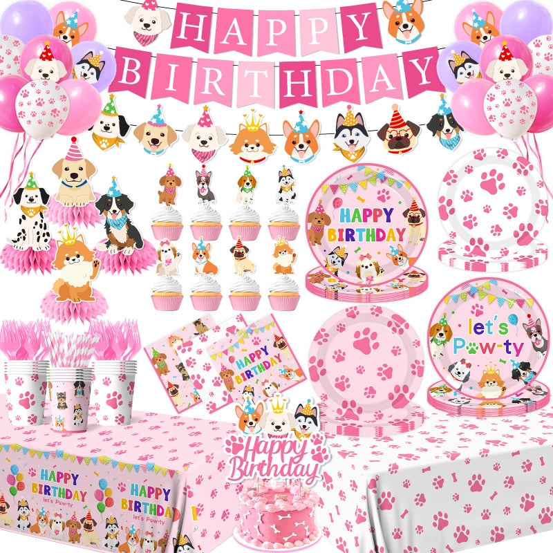 Dydamud Dog Birthday Party Decorations Include Lets Pawty Plates Napkins Pink Puppy Tablecloth Banner Balloons Cupcake Toppers Tableware Set for Girls Puppy Birthday, Dog Party Decorations Serves 24 - Image 1