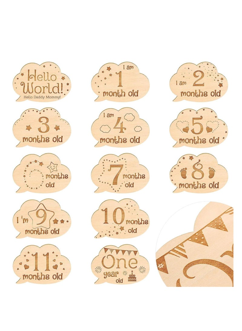 FengSVMA 13 Pieces Baby Monthly Milestone Cards Wooden Baby Milestone Sign Baby Gift Sets First Year Growth Cards Newborn Photo Card Props - Image 1
