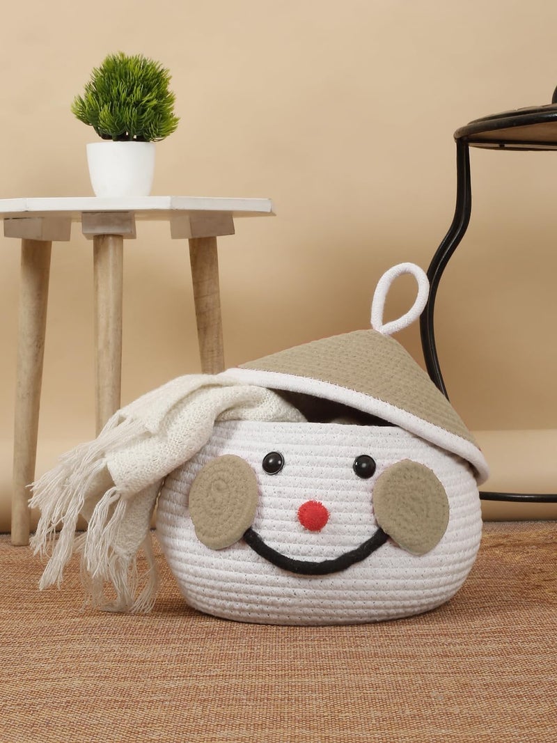 BUNAII Jute Cotton Cute Hand Woven Fruit basket, storage basket, Oraganizer Box For jewellery, toys, cosmetics and for multipurpose uses with cap (White Beige) Pack of 1 (11 x 11 x 7) Inches  - Image 1