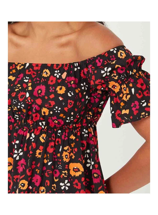 Styli Off Shoulder Floral Print A-Line Knee Length Dress