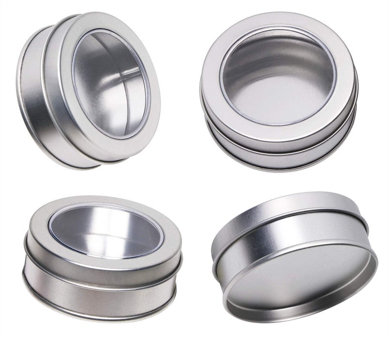 Mini Skater 2 Ounce Clear Top Window Metal Tin Cans High Grade of Transparency Round Screw Lid Empty Box Containers for Candies,Bead, Balms and Jewelry,4PCS (Silver) - Image 1
