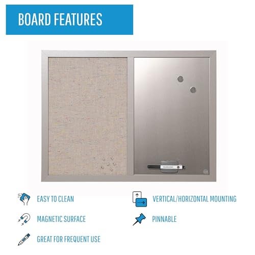 MasterVision Combination Board, 18" x 24", Dry Erase Magnetic Board & Grey Fabric Bulletin Board Combo, Grey MDF Frame Small - Image 3