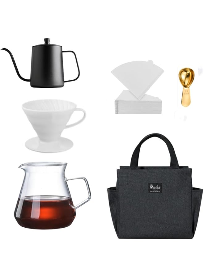 erorex Coffee Set 6 Piece V60 Drip Coffee Maker Set With 100 Paper Coffee Filters Gooseneck Pot Coffee Filter Measuring Pot Coffee Spoon Suitable For Home Cafe Restaurant Camping With Exquisite Handbag - Image 1