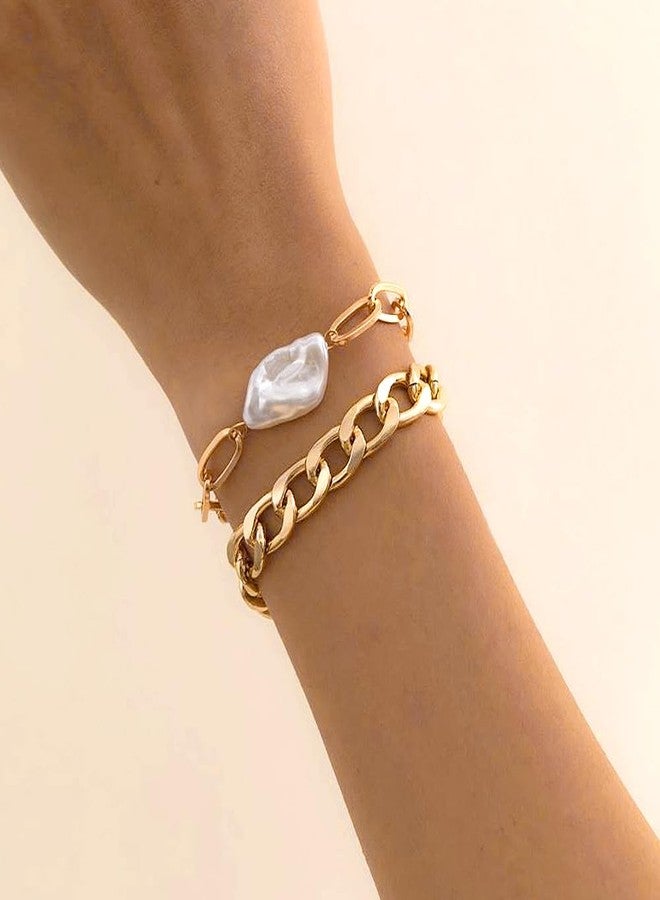 FUTIMELY Baroque Pearl Chain Bracelet Set for Women Chunky Adjustable Gold Paperclip Link Statement Bangles Personality Cuban Chain Bracelet Charm Jewelry Gift (Gold) - Image 4