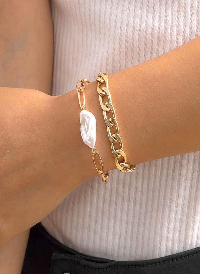 FUTIMELY Baroque Pearl Chain Bracelet Set for Women Chunky Adjustable Gold Paperclip Link Statement Bangles Personality Cuban Chain Bracelet Charm Jewelry Gift (Gold) - Image 2
