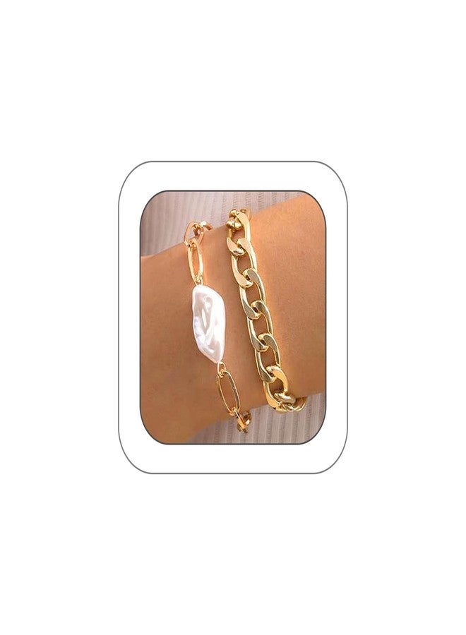 FUTIMELY Baroque Pearl Chain Bracelet Set for Women Chunky Adjustable Gold Paperclip Link Statement Bangles Personality Cuban Chain Bracelet Charm Jewelry Gift (Gold) - Image 1