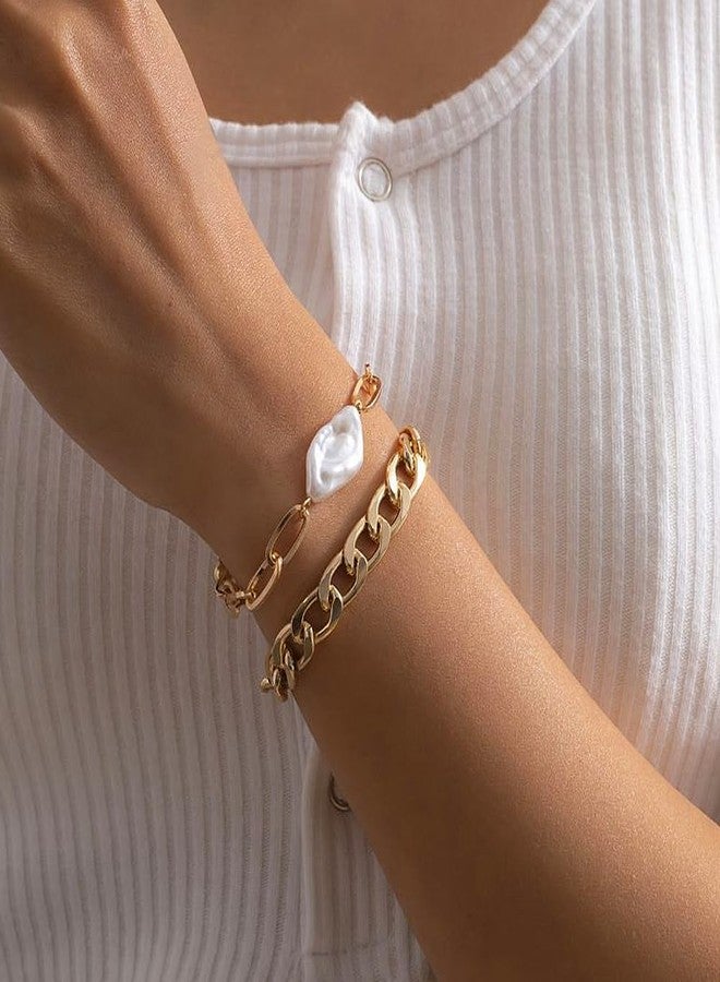 FUTIMELY Baroque Pearl Chain Bracelet Set for Women Chunky Adjustable Gold Paperclip Link Statement Bangles Personality Cuban Chain Bracelet Charm Jewelry Gift (Gold) - Image 3