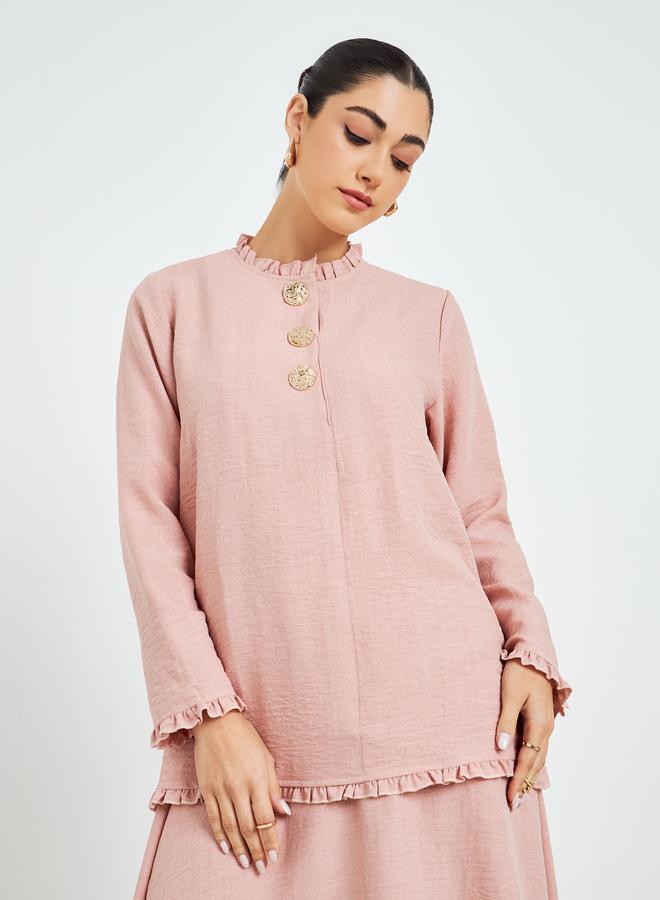 Amirah Pink Ruffled Neck Top and Skirt Modest Set - Image 2