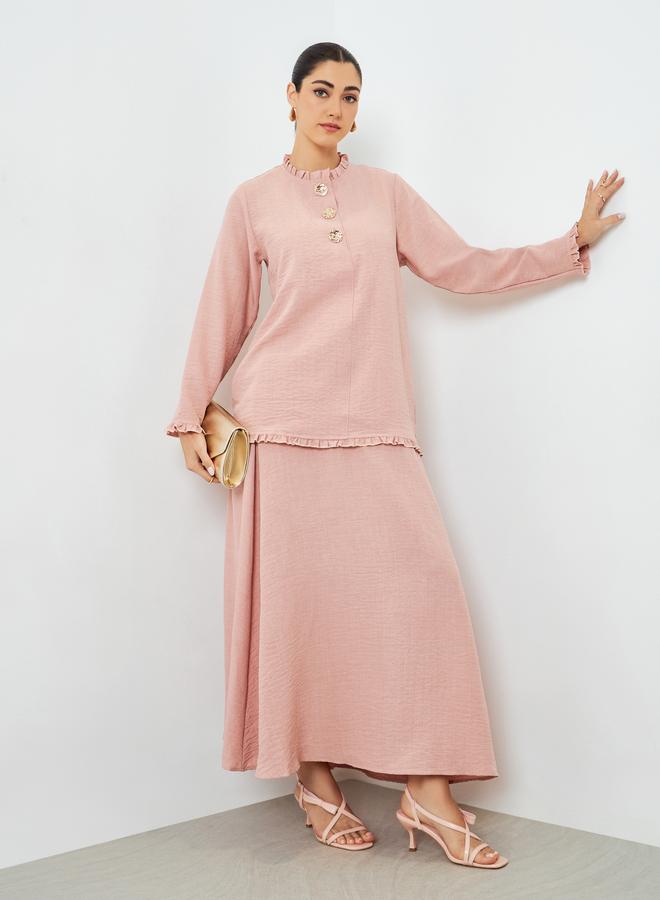 Amirah Pink Ruffled Neck Top and Skirt Modest Set - Image 1
