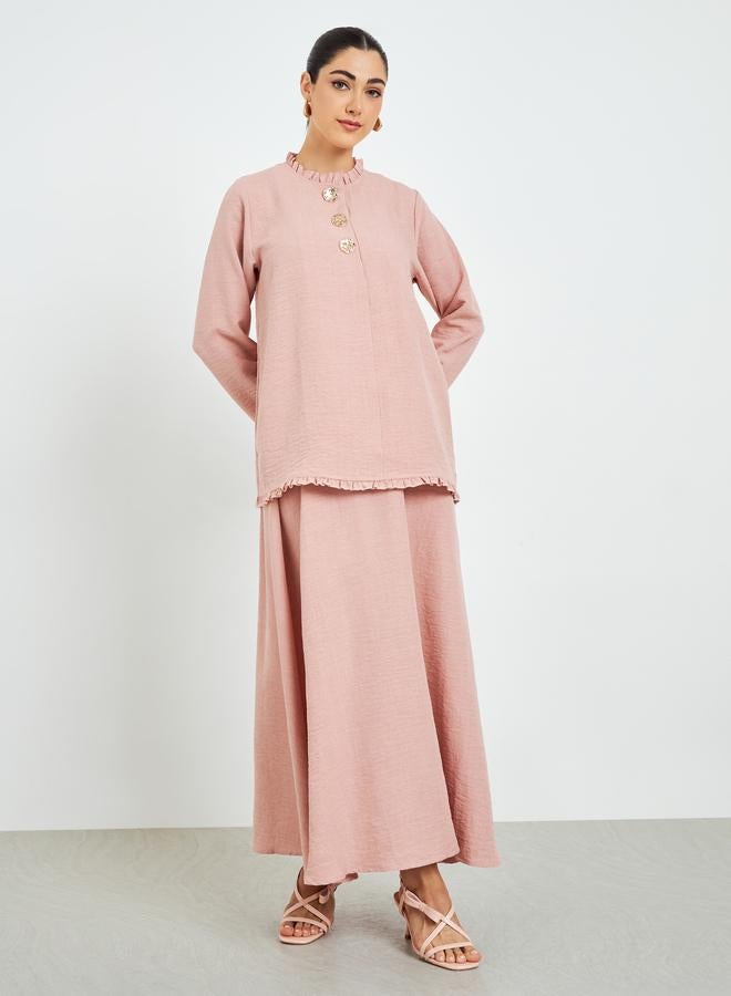 Amirah Pink Ruffled Neck Top and Skirt Modest Set - Image 3