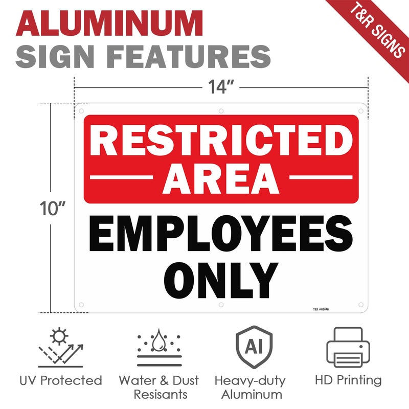 تي آر لافتة منطقة محظورة (للموظفين فقط) - عبوة واحدة - 14 × 10 بوصات - مصنوعة من الألومنيوم المقاوم للصدأ بسماكة 0.040 بوصة - مقاومة للأشعة فوق البنفسجية، ومقاومة للماء، ومقاومة للعوامل الجوية، ومقاومة للبهتان - 6 ثقوب مثقوبة مسبقًا - Image 2