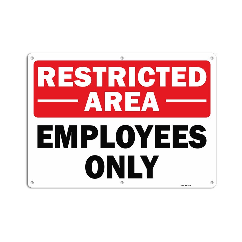 تي آر لافتة منطقة محظورة (للموظفين فقط) - عبوة واحدة - 14 × 10 بوصات - مصنوعة من الألومنيوم المقاوم للصدأ بسماكة 0.040 بوصة - مقاومة للأشعة فوق البنفسجية، ومقاومة للماء، ومقاومة للعوامل الجوية، ومقاومة للبهتان - 6 ثقوب مثقوبة مسبقًا - Image 1