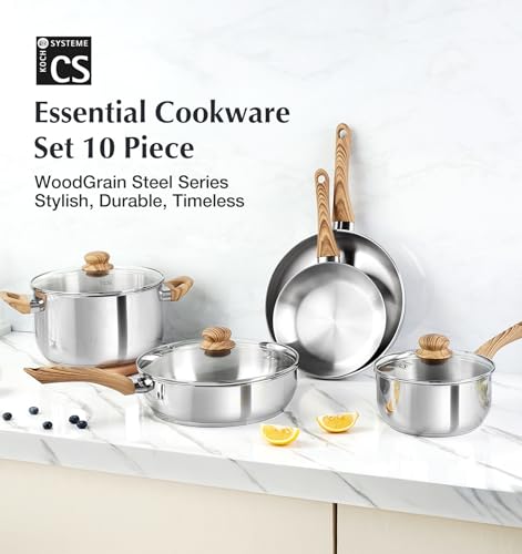 KOCH SYSTEME CS Stainless Steel Coowkare Set 10PCS, Professional 18/10 Stainless Steel Pots and Pans Set with Cool-Touch Handles, Tri-ply Base, Kitchen Cookware Sets, Cooking Set Induction Compatible - Image 2