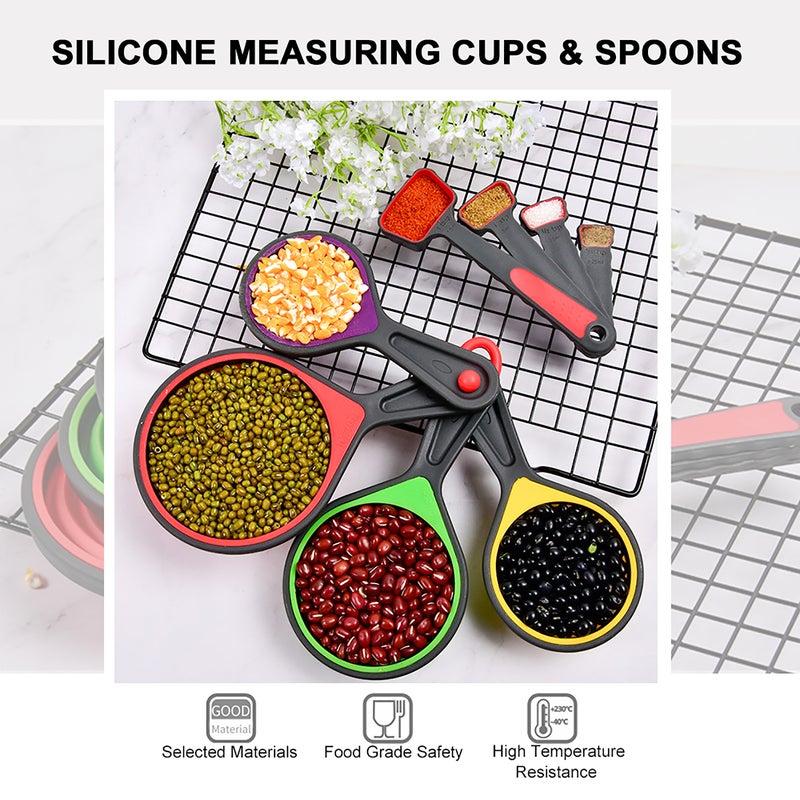 Measuring Cups Spoons Collapsible Silicone Measuring Cups & Spoons Set 8 piece Measuring Tool Engraved Markings for Liquid Dry Measuring Space Saving Silicone - Image 2