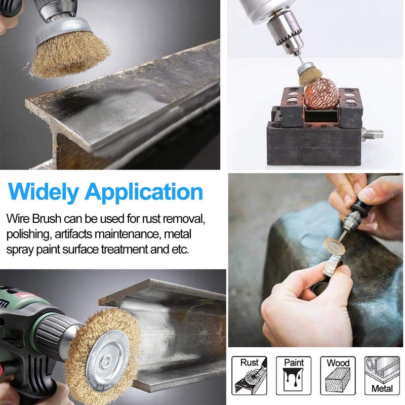 Hoiny Hoiny Steel Wire Brush Wheel, 9PCS Brass Coated Power Brush Sets & Cup Brush Set, Multi Sizes Wire Brushes Drill Bit Set, Perfect for Derusting, Degreasing, Deburring, Polishing  - Image 2