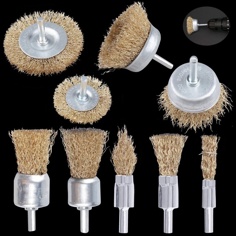 Hoiny Hoiny Steel Wire Brush Wheel, 9PCS Brass Coated Power Brush Sets & Cup Brush Set, Multi Sizes Wire Brushes Drill Bit Set, Perfect for Derusting, Degreasing, Deburring, Polishing  - Image 1