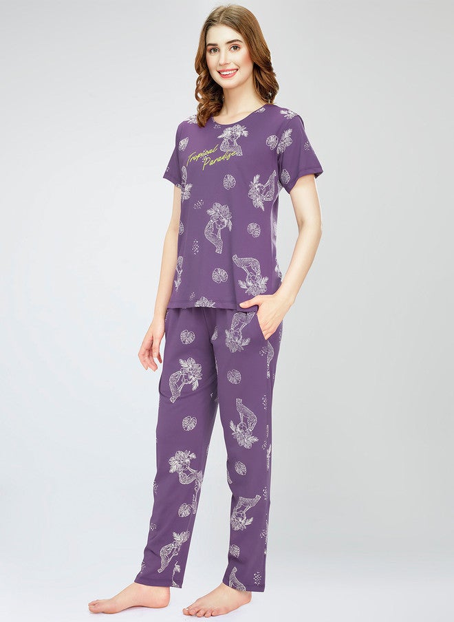 Zeyo Round Neck Printed Pure Cotton Night Suit - Image 3