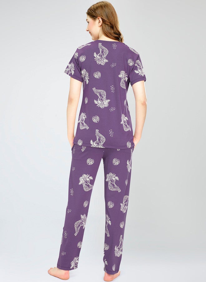 Zeyo Round Neck Printed Pure Cotton Night Suit - Image 4