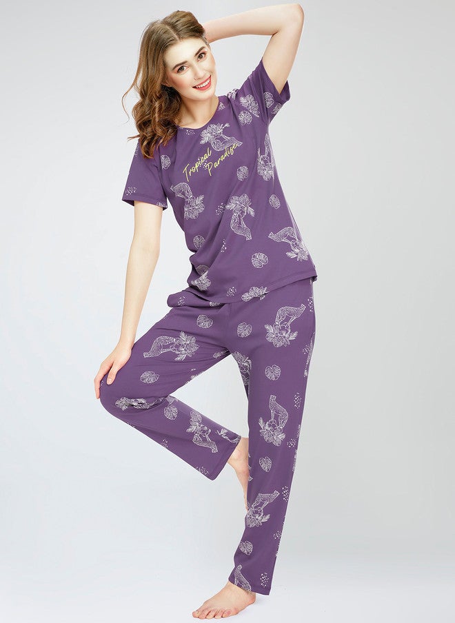 Zeyo Round Neck Printed Pure Cotton Night Suit - Image 5