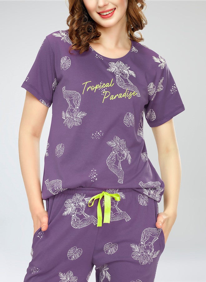 Zeyo Round Neck Printed Pure Cotton Night Suit - Image 2
