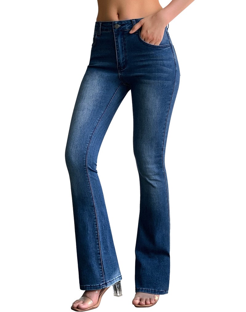 roswear Womens Mid Waist Bell Bottom Stretchy Flare Jeans Pants Blue Medium - Image 1