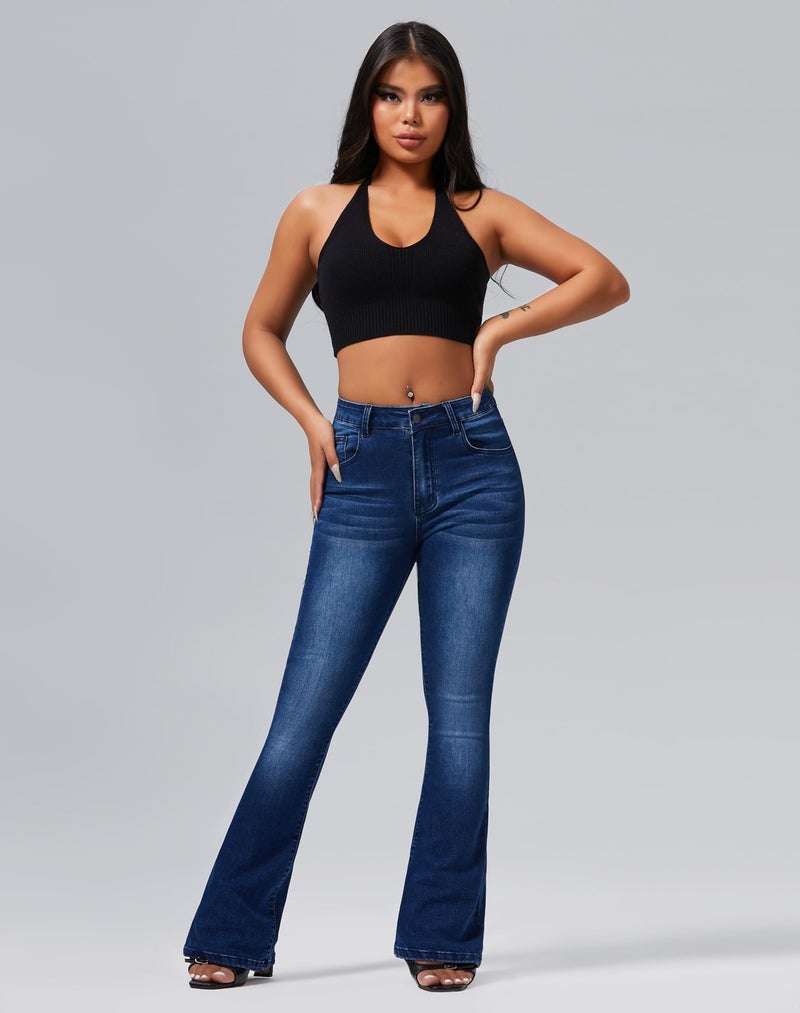 roswear Womens Mid Waist Bell Bottom Stretchy Flare Jeans Pants Blue Medium - Image 2