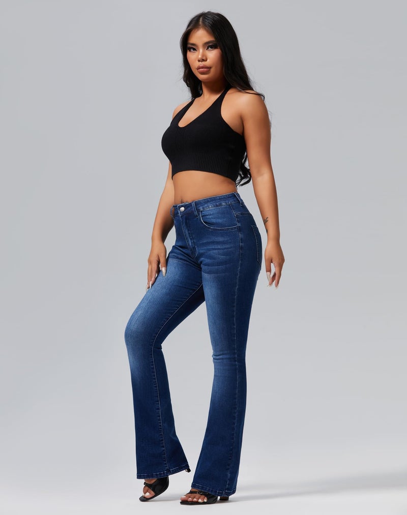 roswear Womens Mid Waist Bell Bottom Stretchy Flare Jeans Pants Blue Medium - Image 3