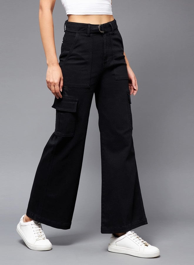 مس تشايس بنطلون جينز نسائي واسع الساق بخصر عالٍ قابل للتمدد من Miss Chase (MCSS18DEN02-19-379-28، أسود فحمي، 28) - Image 3