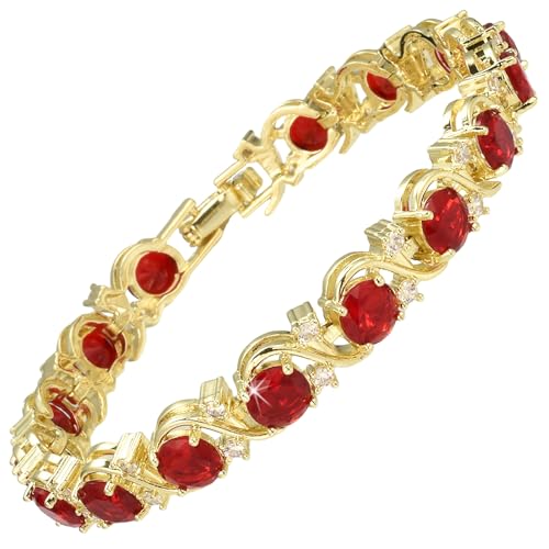 RIZILIA BLOSSOM Tennis Bracelet & Round Cut CZ [Simulated Red Ruby] in Yellow Gold Plated, 7" - Image 3