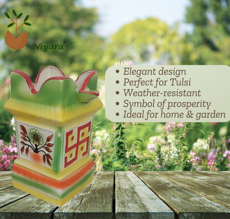 Niyara Ceramic Tulsi Pot – Traditional Plant Holder with Elegant Design (Multicolor, 6.5 inches by 11 inches) - Image 2