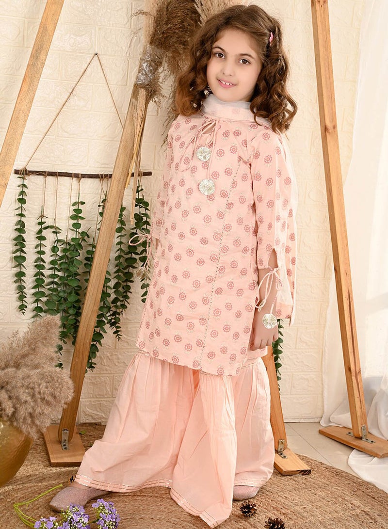 Bonkids Pink Kurta Set Straight Fit made from Cotton featuring Self Design design and Round Neck neckline - Perfect for Festive! - Image 3