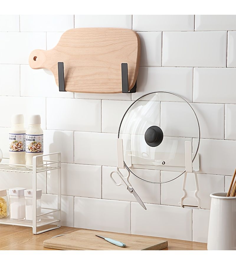 Black Wall Mounted No Drill Pot Lid And Cutting Board Holder - Image 1
