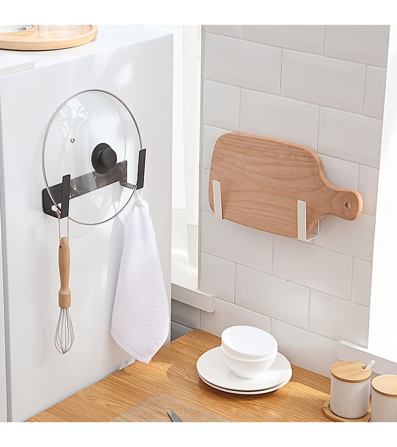 Black Wall Mounted No Drill Pot Lid And Cutting Board Holder - Image 4