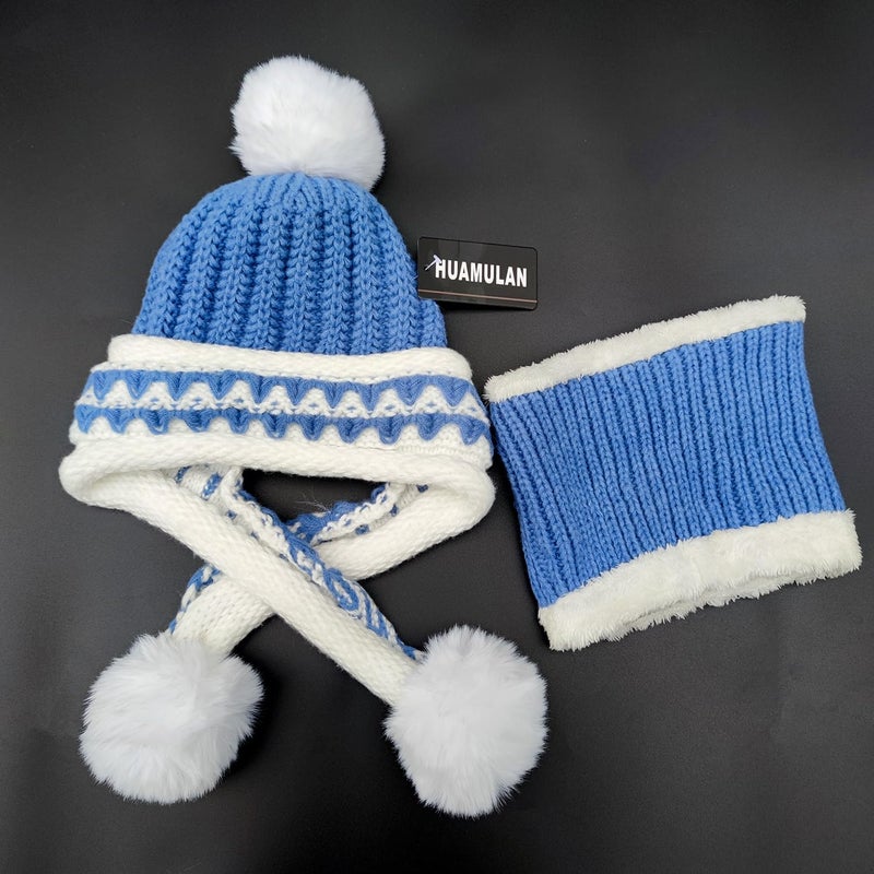 HUAMULAN Women Winter Beanie Hat Circle Scarf Set Pompoms Peruvian Ski Snow Ear Flaps Sherpa Knit Hats Neck Warmer Set Fleece Lined Slouchy Skull Cap Cold Weather - Image 4
