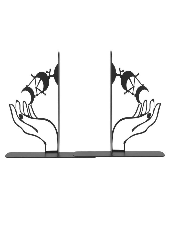 Nichake Metal Moon Phases Bookends Heavy Duty Gothic Book Ends for Bookshelf, Witchy Moon Book Holder Set for Office Desk Home Decor, Matte Black Decorative Bookends - Image 1