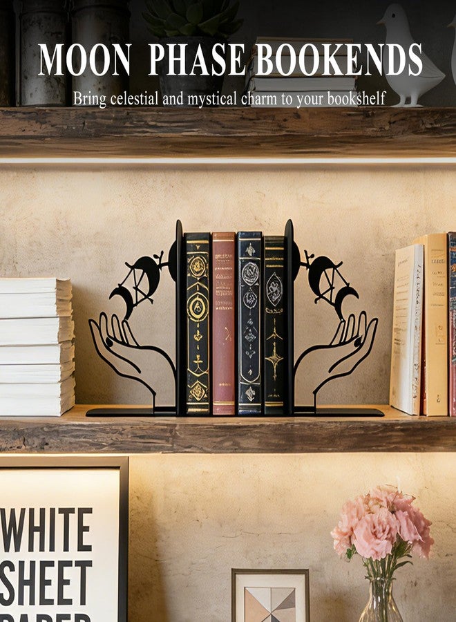 Nichake Metal Moon Phases Bookends Heavy Duty Gothic Book Ends for Bookshelf, Witchy Moon Book Holder Set for Office Desk Home Decor, Matte Black Decorative Bookends - Image 2