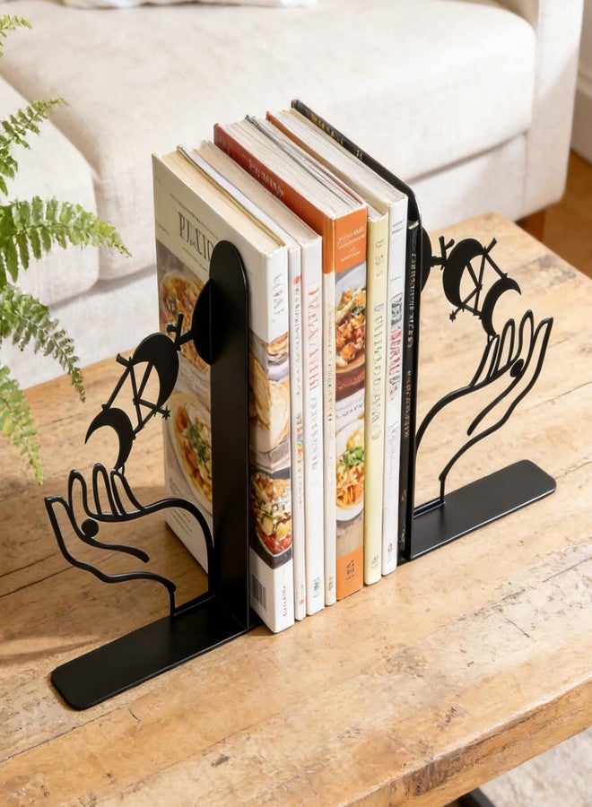 Nichake Metal Moon Phases Bookends Heavy Duty Gothic Book Ends for Bookshelf, Witchy Moon Book Holder Set for Office Desk Home Decor, Matte Black Decorative Bookends - Image 5