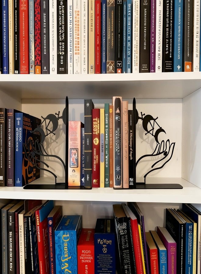 Nichake Metal Moon Phases Bookends Heavy Duty Gothic Book Ends for Bookshelf, Witchy Moon Book Holder Set for Office Desk Home Decor, Matte Black Decorative Bookends - Image 3