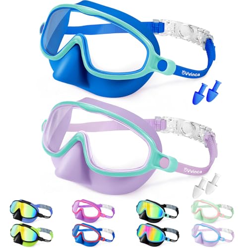 Vvinca Swim Goggles with Nose Cover, Kids Toddlers Swimming Goggles Diving Mask Comfort Wide View No Hair-Pulling Anti-Fog UV Swim Glasses No Leaks Pool Goggles for Aged 3-14 Boys Girls Teens Gift - Image 1