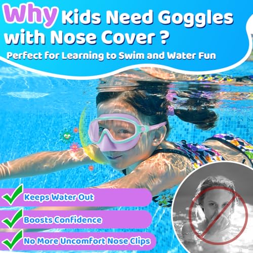 Vvinca Swim Goggles with Nose Cover, Kids Toddlers Swimming Goggles Diving Mask Comfort Wide View No Hair-Pulling Anti-Fog UV Swim Glasses No Leaks Pool Goggles for Aged 3-14 Boys Girls Teens Gift - Image 2